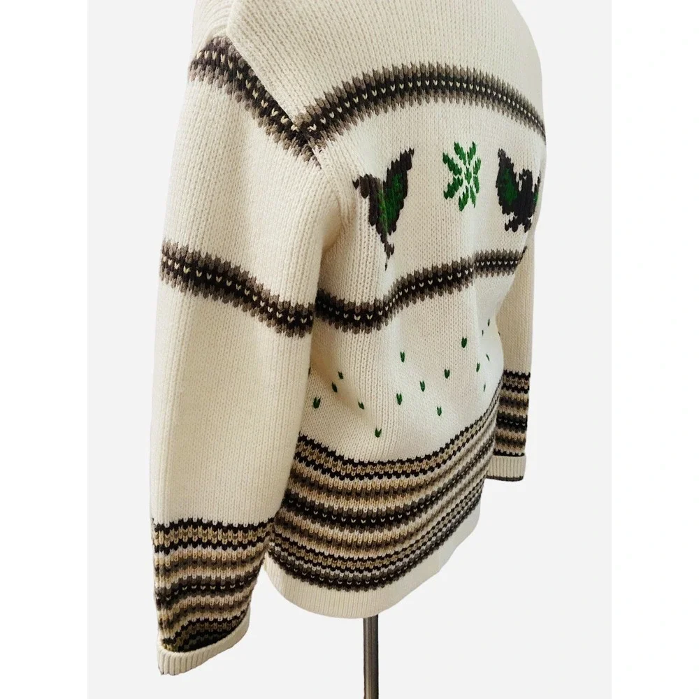 Vintage Caldwell Wool Knit Sweater Cardigan Knit-Rite Canada birds L 50s 60s